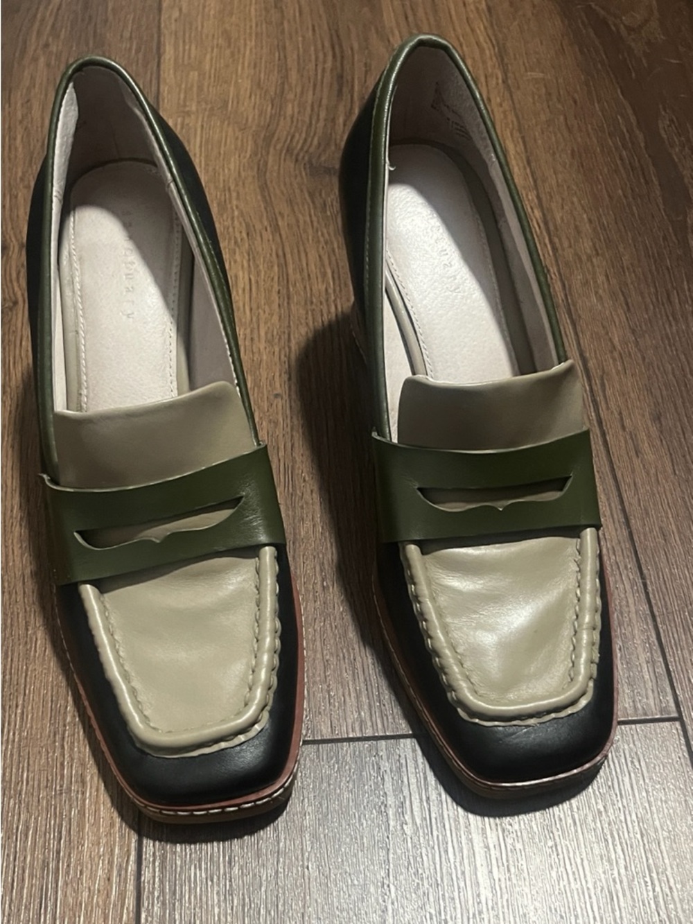 Sanctuary Tri-Tone Leather Loafers in Olive, Cream & Black